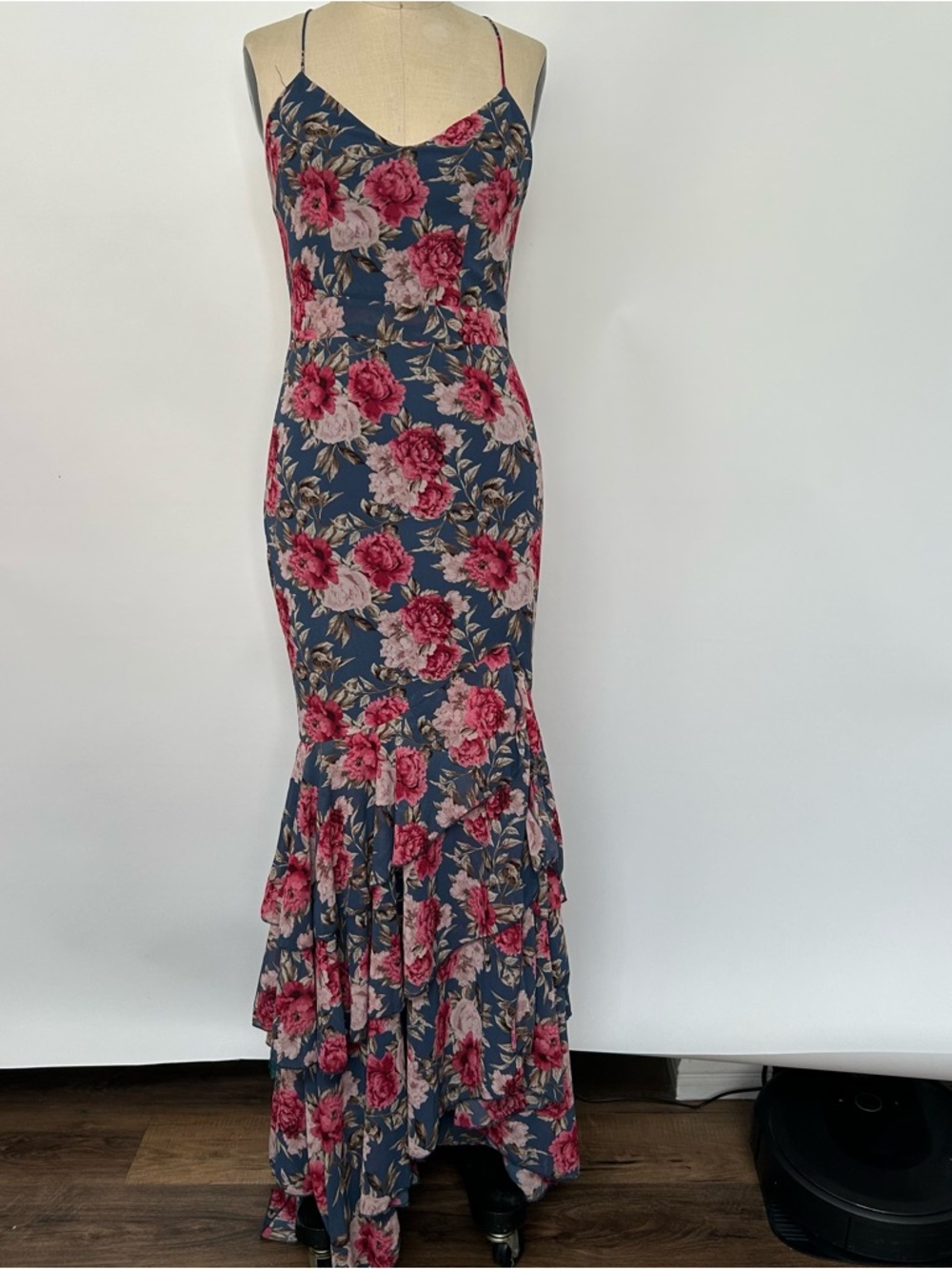 Floral Spaghetti-Strap Maxi Dress in Navy and Pink